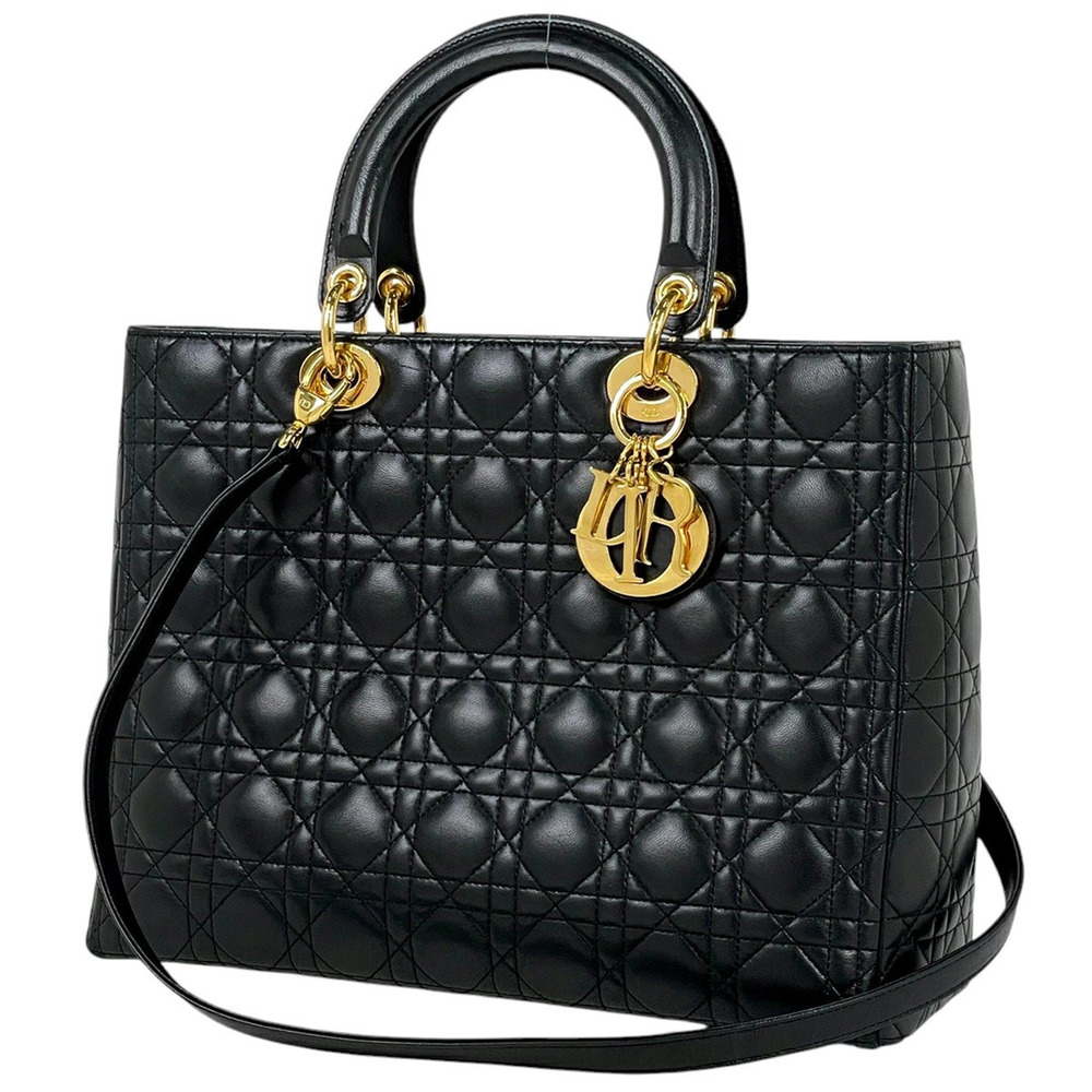 Christian Dior Lady Cannage Shoulder Bag Handbag Leather Black